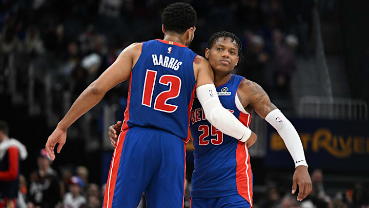Detroit Pistons guard Marcus Sasser (25) celebrates with forward Tobias Harris (12) after beating the New Orleans Pelicans at Little Caesars Arena.