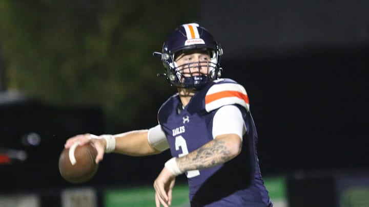 Nashville Christian quarterback Jared Curtis (2) drops back to throw the ball in the red zone against Fayetteville during the first quarter of their TSSAA football game Friday, Oct. 18, 2024 at Nashville Christian School in Nashville, Tennessee.