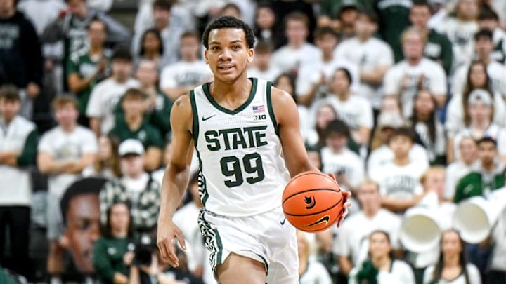 Michigan State's Divine Ugochukwu moves the ball against Bowling Green during the first half on Thursday, Oct. 23, 2025, at the Breslin Center in East Lansing. Michigan State's Divine Ugochukwu moves the ball against Bowling Green during the first half on Thursday, Oct. 23, 2025, at the Breslin Center in East Lansing.