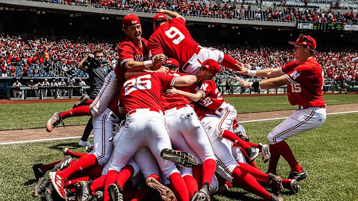 Nebraska baseball players dogpile on the field after winning the 2024 Big Ten Conference Tournament championship game. Nebraska baseball players dogpile on the field after winning the 2024 Big Ten Conference Tournament championship game.