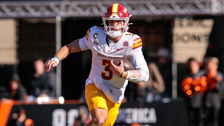 Nov 29, 2025; Stillwater, Oklahoma, USA; Iowa State Cyclones quarterback Rocco Becht (3) runs during the second half against the Oklahoma State Cowboys at Boone Pickens Stadium. 
