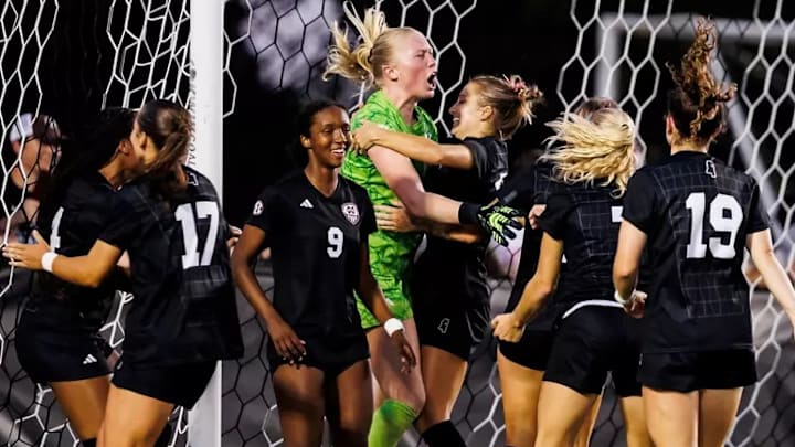Mississippi State Goal Keeper Sarah Wommack (#1) and Mississippi State Defender Ella Petersen (#22) during the match between the Ole Miss Rebels and the Mississippi State Bulldogs at the MSU Soccer Field in Starkville, MS.