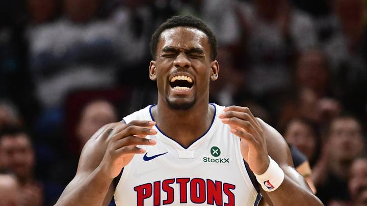 May 11, 2026; Cleveland, Ohio, USA; Detroit Pistons center Jalen Duren (0) reacts after a play against the Cleveland Cavaliers during the second half of game four in the second round of the 2026 NBA Playoffs at Rocket Arena. Mandatory Credit: Ken Blaze-Imagn Images