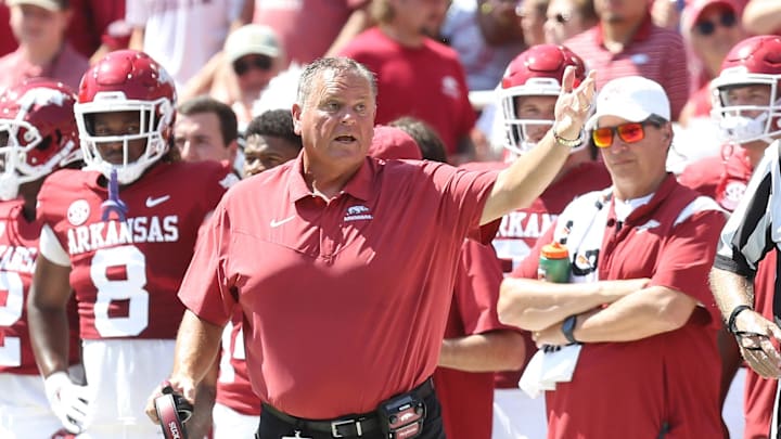 Sep 10, 2022; Fayetteville, Arkansas, USA; Arkansas Razorbacks head coach Sam Pittman reacts toward an official after a play in the second quarter against the South Carolina Gamecocks at Donald W. Reynolds Razorback Stadium. Mandatory Credit: Nelson Chenault-Imagn Images