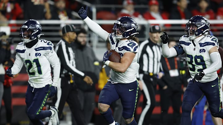 Jan 3, 2026; Santa Clara, California, USA; Seattle Seahawks linebacker Drake Thomas (42) reacts after an interception against the San Francisco 49ers during the second half at Levi's Stadium.