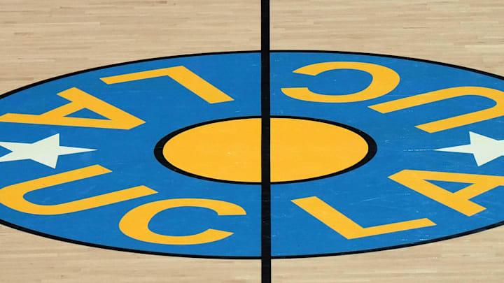 Dec 17, 2024; Los Angeles, California, USA; The UCLA Bruins logo at midcourt at Pauley Pavilion presented by Wescom. Mandatory Credit: Kirby Lee-Imagn Images