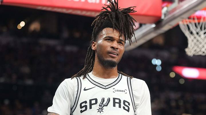 Apr 28, 2026; San Antonio, Texas, USA; San Antonio Spurs guard Stephon Castle (5) reacts during the second half of game five of the first round of the 2026 NBA Playoffs against the Portland Trail Blazers at Frost Bank Center. Mandatory Credit: Scott Wachter-Imagn Images