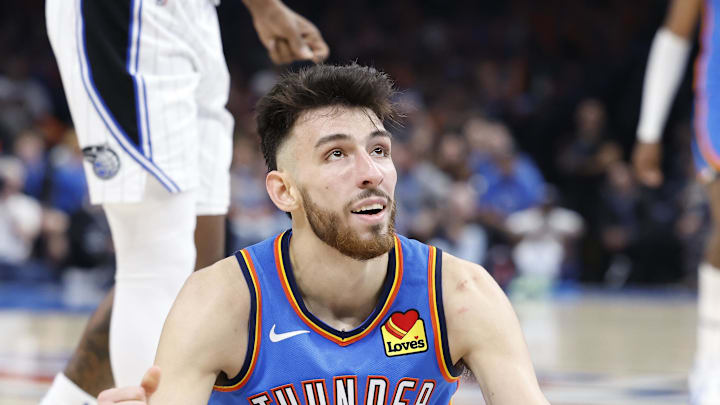 Nov 4, 2024; Oklahoma City, Oklahoma, USA; Oklahoma City Thunder forward Chet Holmgren (7) sits on the floor after a play against the Orlando Magic during the second half at Paycom Center. Mandatory Credit: Alonzo Adams-Imagn Images