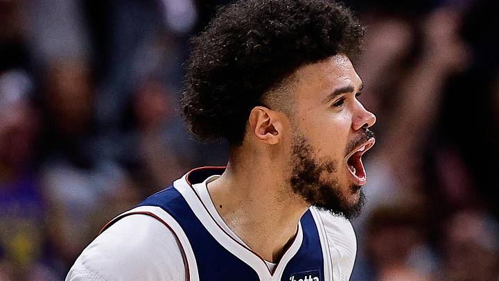 Apr 6, 2026; Denver, Colorado, USA; Denver Nuggets forward Cam Johnson (23) reacts after a play in the fourth quarter against the Portland Trail Blazers at Ball Arena. Mandatory Credit: Isaiah J. Downing-Imagn Images