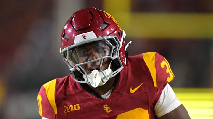 Sep 6, 2025; Los Angeles, California, USA; USC Trojans running back King Miller (30) carries the ball down the field for a touchdown in the second half against the Georgia Southern Eagles at the Los Angeles Memorial Coliseum. Mandatory Credit: Jayne Kamin-Oncea-Imagn Images