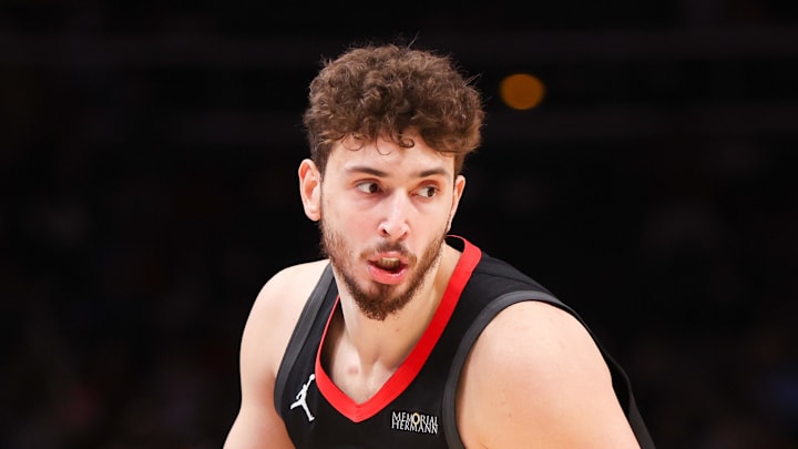 Jan 28, 2025; Atlanta, Georgia, USA; Houston Rockets center Alperen Sengun (28) dribbles against the Atlanta Hawks in the fourth quarter at State Farm Arena. Mandatory Credit: Brett Davis-Imagn Images