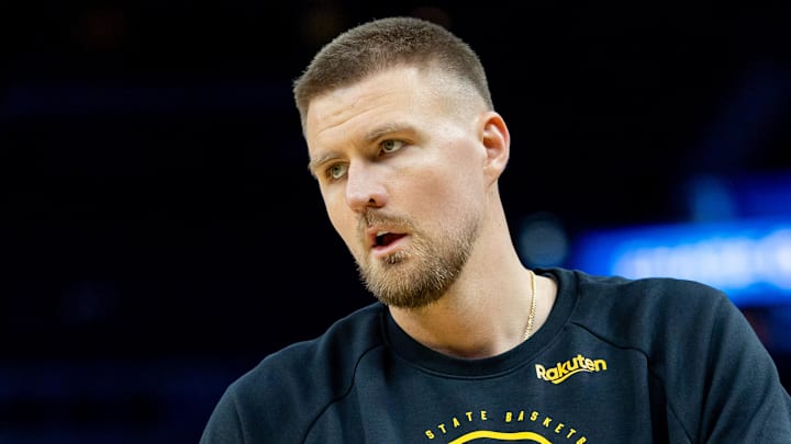 Mar 10, 2026; San Francisco, California, USA; Golden State Warriors center Kristaps Porzingis (7) warms up before the game at Chase Center. Mandatory Credit: Bob Kupbens-Imagn Images