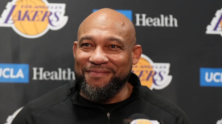 Apr 9, 2024; Los Angeles, California, USA; Los Angeles Lakers coach Darvin Ham at a press conference during the game against the Golden State Warriors at Crypto.com Arena. Mandatory Credit: Kirby Lee-Imagn Images