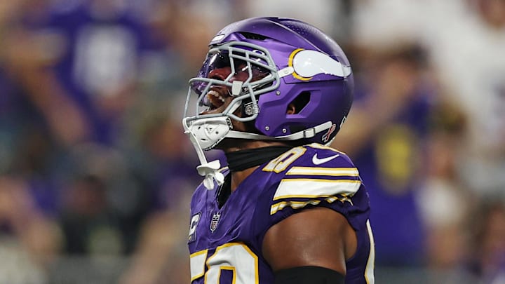 Sep 14, 2025; Minneapolis, Minnesota, USA; Minnesota Vikings linebacker Jonathan Greenard (58) celebrates a sack during the second half against the Atlanta Falcons at U.S. Bank Stadium. Mandatory Credit: Matt Krohn-Imagn Images