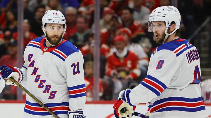 May 26, 2024; Sunrise, Florida, USA; New York Rangers center Barclay Goodrow (21) talks to defenseman Jacob Trouba (8) and left wing Will Cuylle (50) during the first period in game three of the Eastern Conference Final of the 2024 Stanley Cup Playoffs at Amerant Bank Arena. Mandatory Credit: Sam Navarro-USA TODAY Sports May 26, 2024; Sunrise, Florida, USA; New York Rangers center Barclay Goodrow (21) talks to defenseman Jacob Trouba (8) and left wing Will Cuylle (50) during the first period in game three of the Eastern Conference Final of the 2024 Stanley Cup Playoffs at Amerant Bank Arena. Mandatory Credit: Sam Navarro-USA TODAY Sports