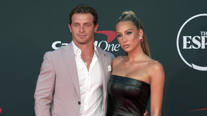 Jul 12, 2023; Los Angeles, CA, USA; Alix Earle arrives with Braxton Berrios on the red carpet before the 2023 ESPYS at the Dolby Theatre. 