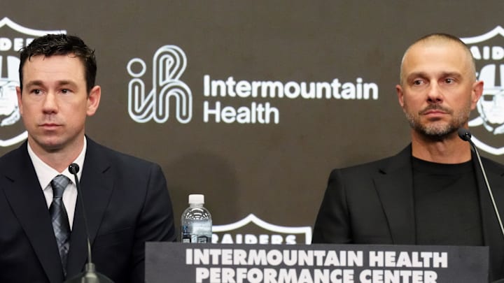 Feb 10, 2026; Henderson, NV, USA; Las Vegas Raiders coach Klint Kubiak (left) and general manager John Spytek at introductory press conference at Intermountain Health Performance Center. Mandatory Credit: Kirby Lee-Imagn Images Feb 10, 2026; Henderson, NV, USA; Las Vegas Raiders coach Klint Kubiak (left) and general manager John Spytek at introductory press conference at Intermountain Health Performance Center. Mandatory Credit: Kirby Lee-Imagn Images