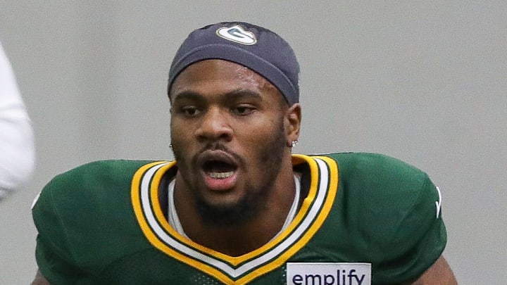 Green Bay Packers defensive end Micah Parsons (1) warms up during practice on Wednesday Green Bay Packers defensive end Micah Parsons (1) warms up during practice on Wednesday