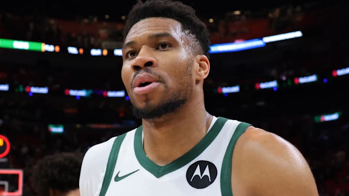 Mar 12, 2026; Miami, Florida, USA; Milwaukee Bucks forward Giannis Antetokounmpo (34) looks on after the game against the Miami Heat at Kaseya Center. Mandatory Credit: Sam Navarro-Imagn Images