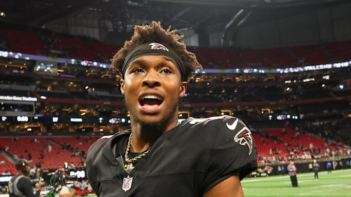 Atlanta Falcons wide receiver Darnell Mooney (1) walks off the field after a victory over the Dallas Cowboys Atlanta Falcons wide receiver Darnell Mooney (1) walks off the field after a victory over the Dallas Cowboys
