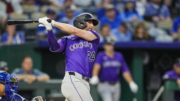 Apr 22, 2025; Kansas City, Missouri, USA; Colorado Rockies third baseman Ryan McMahon (24) bats against the Kansas City Royals at Kauffman Stadium. Apr 22, 2025; Kansas City, Missouri, USA; Colorado Rockies third baseman Ryan McMahon (24) bats against the Kansas City Royals at Kauffman Stadium.