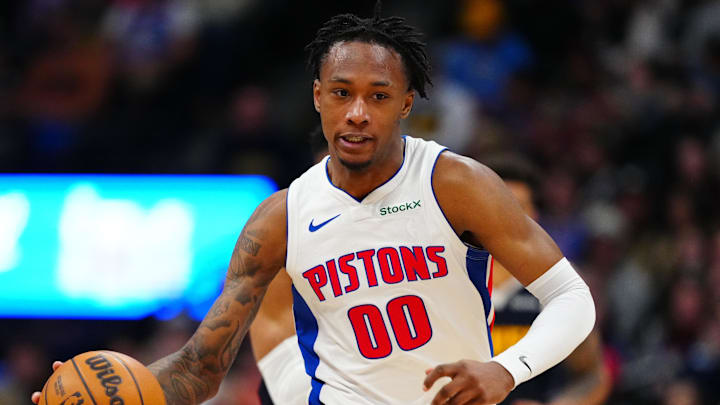 Dec 28, 2024; Denver, Colorado, USA; Detroit Pistons forward Ronald Holland II (00) dribbles up court in the second half against the Denver Nuggets at Ball Arena. Mandatory Credit: Ron Chenoy-Imagn Images Dec 28, 2024; Denver, Colorado, USA; Detroit Pistons forward Ronald Holland II (00) dribbles up court in the second half against the Denver Nuggets at Ball Arena. Mandatory Credit: Ron Chenoy-Imagn Images