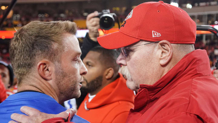 Los Angeles Rams head coach Sean McVay greets Kansas City Chiefs head coach Andy Reid. Mandatory Credit: Denny Medley-Imagn Images Los Angeles Rams head coach Sean McVay greets Kansas City Chiefs head coach Andy Reid. Mandatory Credit: Denny Medley-Imagn Images
