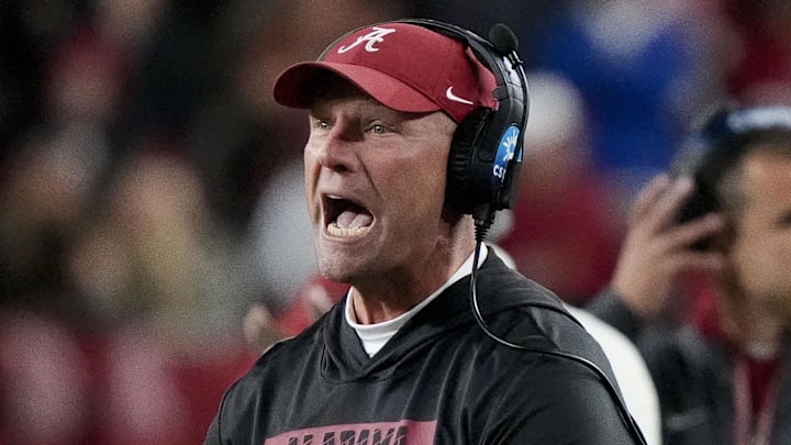 Nov 30, 2024; Tuscaloosa, Alabama, USA;  Alabama Crimson Tide head coach Kalen DeBoer is upset with officials after a Tide player was called for a personal foul during the second half against the Autumn Tigers at Bryant-Denny Stadium. Alabama won 28-14. Mandatory Credit: Gary Cosby Jr.-Imagn Images