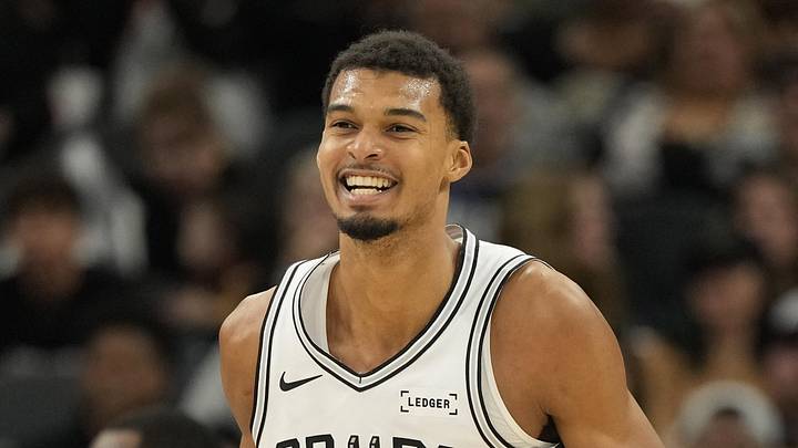 San Antonio Spurs forward Victor Wembanyama (1) reacts after losing the ball out of bounds during the second half against the Miami Heat at Frost Bank Center on October 30, 2025.