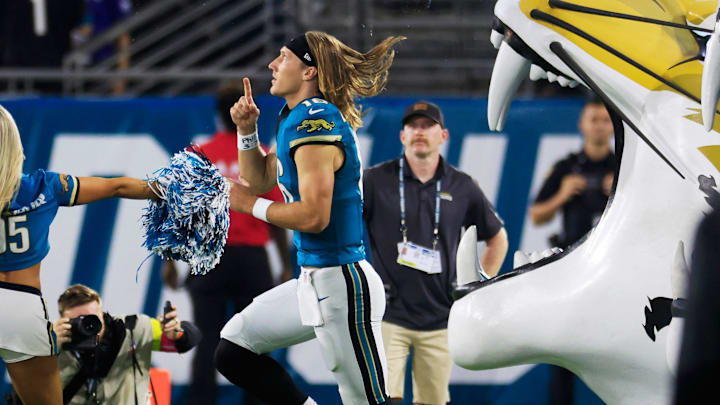 Jacksonville Jaguars quarterback Trevor Lawrence (16) is introduced before an NFL football matchup at EverBank Stadium, Monday, Oct. 6, 2025, in Jacksonville, Fla. [Corey Perrine/Florida Times-Union]