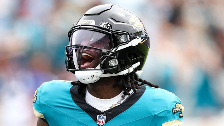 Oct 6, 2024; Jacksonville, Florida, USA; Jacksonville Jaguars wide receiver Brian Thomas Jr. (7) scores a touchdown against the Indianapolis Colts in the second quarter at EverBank Stadium. Mandatory Credit: Nathan Ray Seebeck-Imagn Images