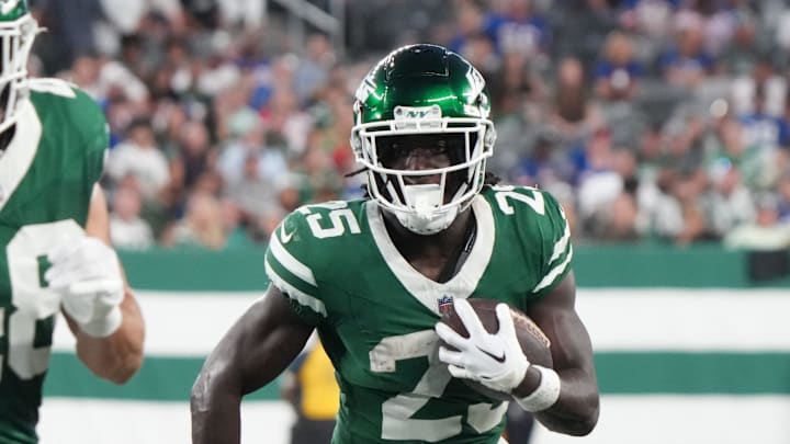 East Rutherford, NJ -- August 24, 2024 -- Israel Abanikanda of the Jets runs the ball in the first half. The New York Giants and New York Jets meet at MetLife Stadium in the final preseason game of the 2024 season for both teams. East Rutherford, NJ -- August 24, 2024 -- Israel Abanikanda of the Jets runs the ball in the first half. The New York Giants and New York Jets meet at MetLife Stadium in the final preseason game of the 2024 season for both teams.