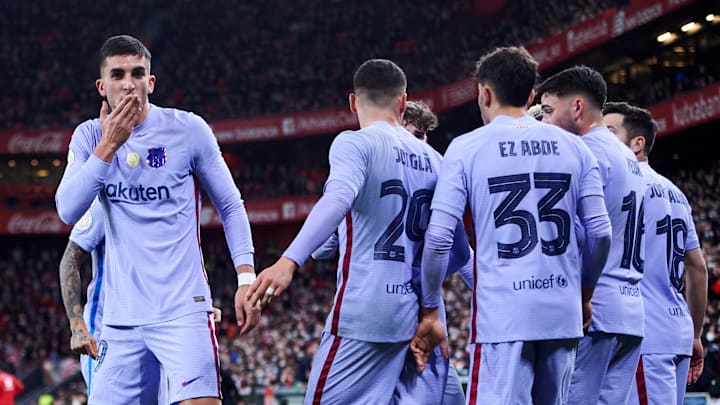 Ferrán celebra su primer gol con el Barcelona
