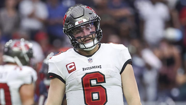 Nov 5, 2023; Houston, Texas, USA; Tampa Bay Buccaneers quarterback Baker Mayfield (6) reacts after a play during the fourth quarter against the Houston Texans at NRG Stadium. Mandatory Credit: Troy Taormina-Imagn Images