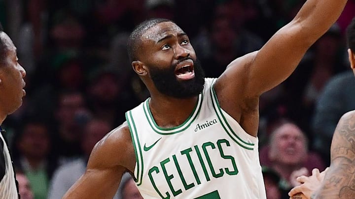 Apr 20, 2025; Boston, Massachusetts, USA; Boston Celtics guard Jaylen Brown (7) questions a foul to referee Mitchell Ervin during the second half against the Orlando Magic at TD Garden. Mandatory Credit: Bob DeChiara-Imagn Images Apr 20, 2025; Boston, Massachusetts, USA; Boston Celtics guard Jaylen Brown (7) questions a foul to referee Mitchell Ervin during the second half against the Orlando Magic at TD Garden. Mandatory Credit: Bob DeChiara-Imagn Images