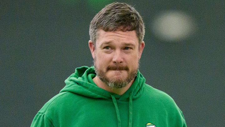 Oregon head coach Dan Lanning attends Oregon Pro Day on March 17, 2026, at the Moshofsky Center in Eugene, Oregon.