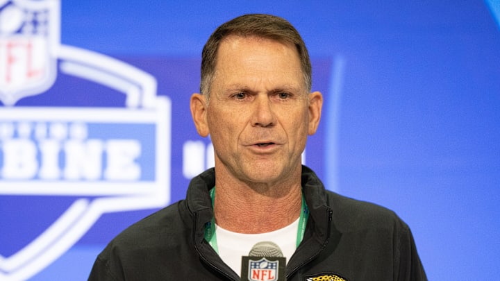 Feb 27, 2024; Indianapolis, IN, USA; Jacksonville Jaguars general manager Trent Baalke talks to the media at the 2024 NFL Combine at Indiana Convention Center. 