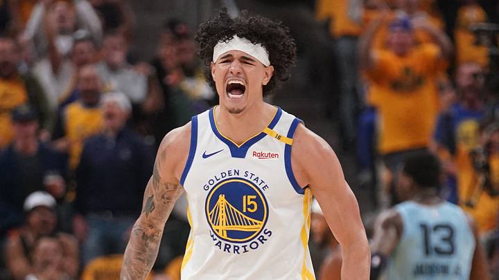 Apr 15, 2025; San Francisco, California, USA; Golden State Warriors forward Gui Santos (15) reacts after the Warriors made a basket against the Memphis Grizzlies in the second quarter at the Chase Center. Mandatory Credit: Cary Edmondson-Imagn Images