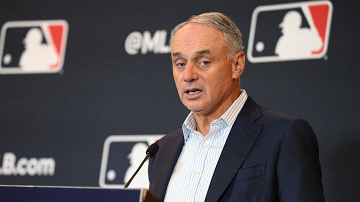 MLB commissioner Rob Manfred presents the Allan H. Selling Award for philanthropic excellence during the Winter Meetings at Manchester Grand Hyatt on Dec. 7, 2022 in San Diego. MLB commissioner Rob Manfred presents the Allan H. Selling Award for philanthropic excellence during the Winter Meetings at Manchester Grand Hyatt on Dec. 7, 2022 in San Diego.