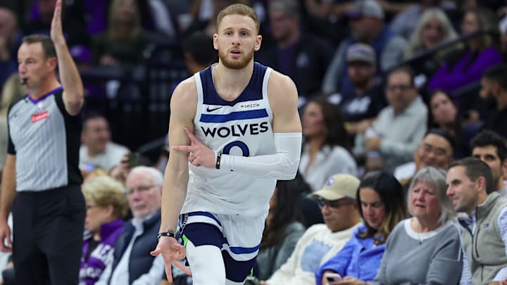 Nov 15, 2024; Sacramento, California, USA; Minnesota Timberwolves guard Donte DiVincenzo (0) celebrates after scoring a basket during the second quarter against the Sacramento Kings at Golden 1 Center. Mandatory Credit: Sergio Estrada-Imagn Images