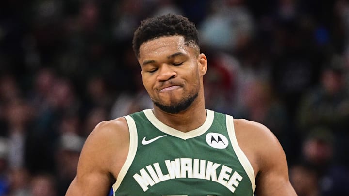 Milwaukee Bucks forward Giannis Antetokounmpo (34) reacts after missing a shot late in the fourth quarter against the Sacramento Kings at Fiserv Forum on November 1, 2025.