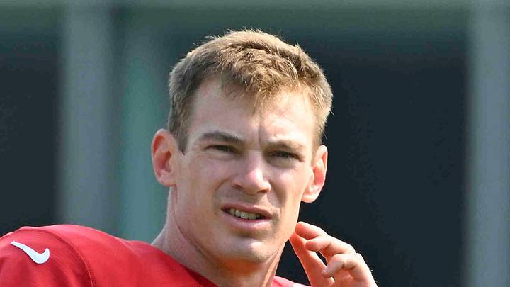 Indianapolis Colts quarterback Easton Stick looks on during practice Indianapolis Colts quarterback Easton Stick looks on during practice