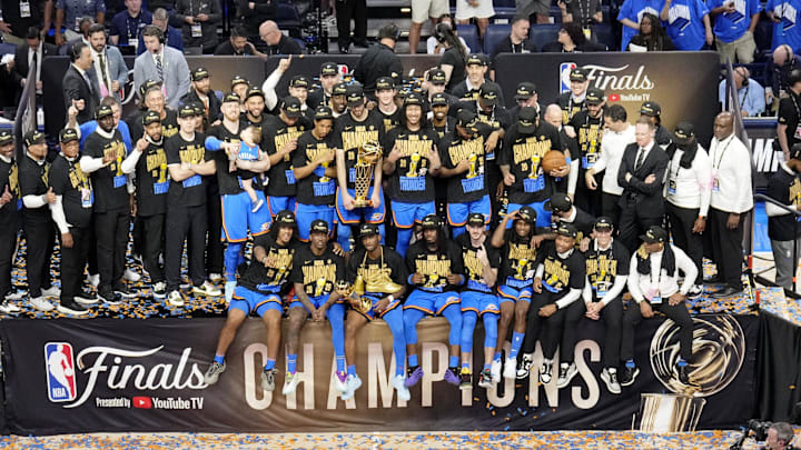 Jun 22, 2025; Oklahoma City, Oklahoma, USA; The Oklahoma City Thunder celebrate after winning game seven of the 2025 NBA Finals against the Indiana Pacers at Paycom Center. Mandatory Credit: Kyle Terada-Imagn Images Jun 22, 2025; Oklahoma City, Oklahoma, USA; The Oklahoma City Thunder celebrate after winning game seven of the 2025 NBA Finals against the Indiana Pacers at Paycom Center. Mandatory Credit: Kyle Terada-Imagn Images