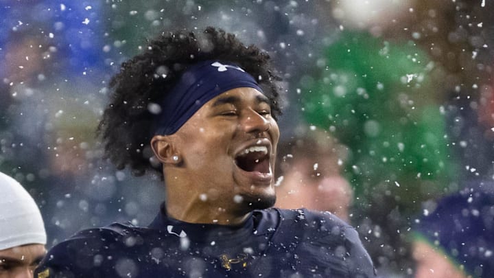 Nov 8, 2025; South Bend, Indiana, USA; Notre Dame Fighting Irish quarterback CJ Carr (13) celebrates with wide receiver Jerome Bettis Jr. (15) during the second half at Notre Dame Stadium. Nov 8, 2025; South Bend, Indiana, USA; Notre Dame Fighting Irish quarterback CJ Carr (13) celebrates with wide receiver Jerome Bettis Jr. (15) during the second half at Notre Dame Stadium.