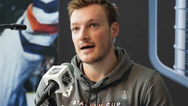 Jun 14, 2022; Denver, Colorado, USA; Colorado Avalanche defenseman Cale Makar (8) speaks during media day for the 2022 Stanley Cup Final at Ball Arena. Mandatory Credit: Ron Chenoy-USA TODAY Sports Jun 14, 2022; Denver, Colorado, USA; Colorado Avalanche defenseman Cale Makar (8) speaks during media day for the 2022 Stanley Cup Final at Ball Arena. Mandatory Credit: Ron Chenoy-USA TODAY Sports