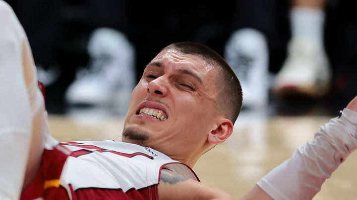 Miami Heat guard Tyler Herro (14) reacts against the Boston Celtics during the fourth quarter at Kaseya Center on Apr 1, 2026. Miami Heat guard Tyler Herro (14) reacts against the Boston Celtics during the fourth quarter at Kaseya Center on Apr 1, 2026.