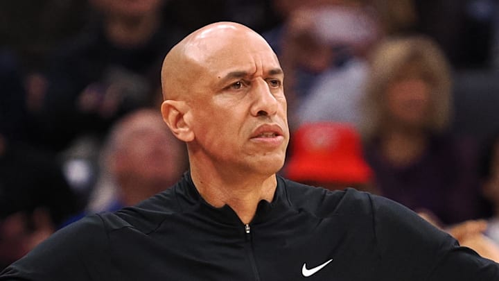 Dec 27, 2025; Sacramento, California, USA; Sacramento Kings head coach Doug Christie questions the call on the sideline during the fourth quarter against the Dallas Mavericks at Golden 1 Center. Mandatory Credit: Kelley L Cox-Imagn Images