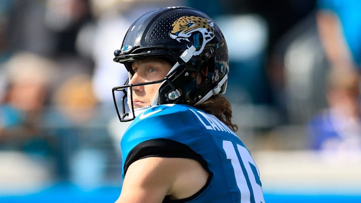 Jacksonville Jaguars quarterback Trevor Lawrence (16) looks to pass during the first quarter of an NFL football AFC Wild Card playoff matchup, Sunday, Jan. 11, 2026, in Jacksonville, Fla. The Bills defeated the Jaguars 27-24. [Corey Perrine/Florida Times-Union]