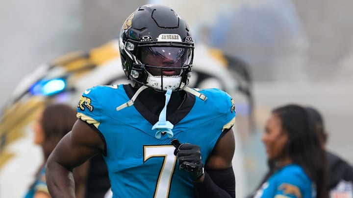 Jacksonville Jaguars wide receiver Brian Thomas Jr. (7) is introduced before an NFL football game at EverBank Stadium, Sunday, Dec. 7, 2025, in Jacksonville, Fla. The Jaguars defeated the Colts 36-19. Jacksonville Jaguars wide receiver Brian Thomas Jr. (7) is introduced before an NFL football game at EverBank Stadium, Sunday, Dec. 7, 2025, in Jacksonville, Fla. The Jaguars defeated the Colts 36-19.
