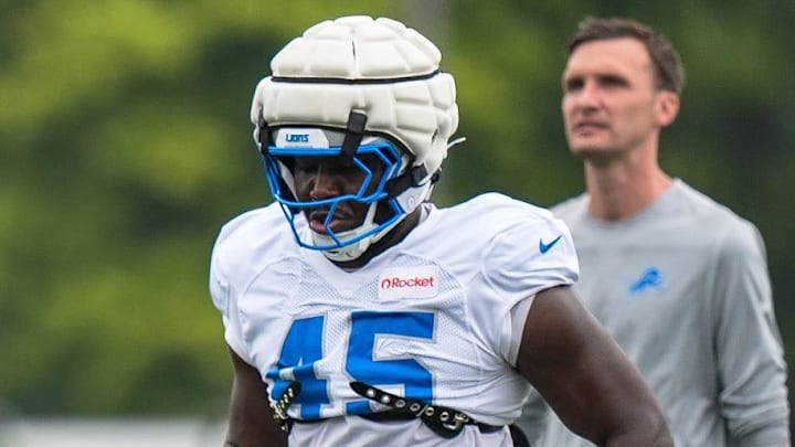 Detroit Lions defensive end Isaac Ukwu (45) practices during training camp at team's Allen Park Performance Center Detroit Lions defensive end Isaac Ukwu (45) practices during training camp at team's Allen Park Performance Center